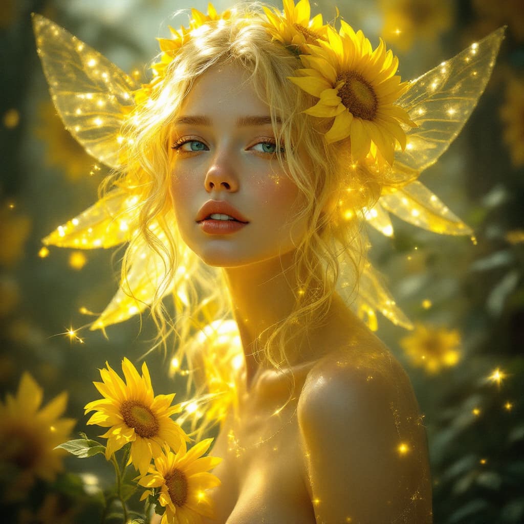AI generated: Ethereal, luminous yellow fairy with delicate, translucent skin and bare, yet modestly draped, promi...