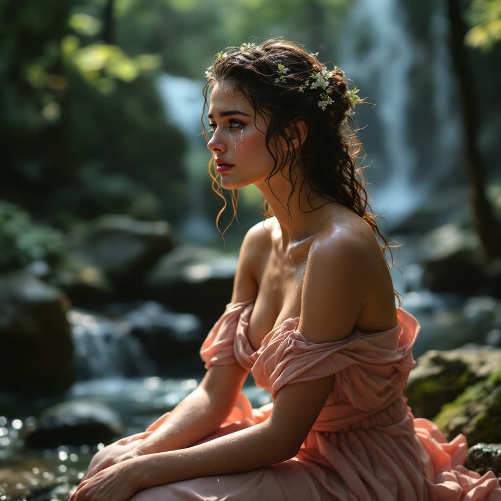 AI generated: Atmospheric close-up of weeping Aphrodite seated on stone beside forest waterfall. Off-shoulder Grec...