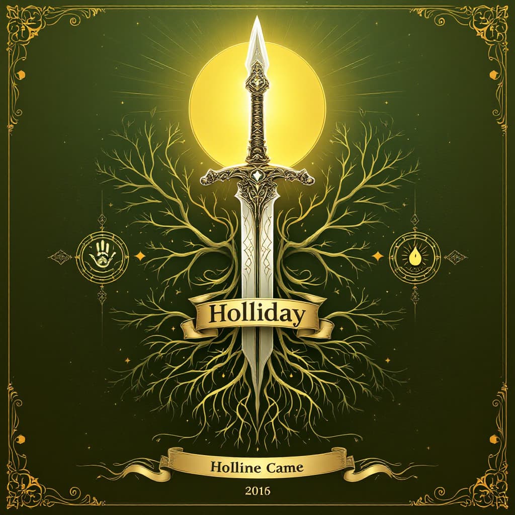 AI generated:  /imagine prompt: A regal sword pointing upward, intricately engraved with the word "Holliday" in bo...