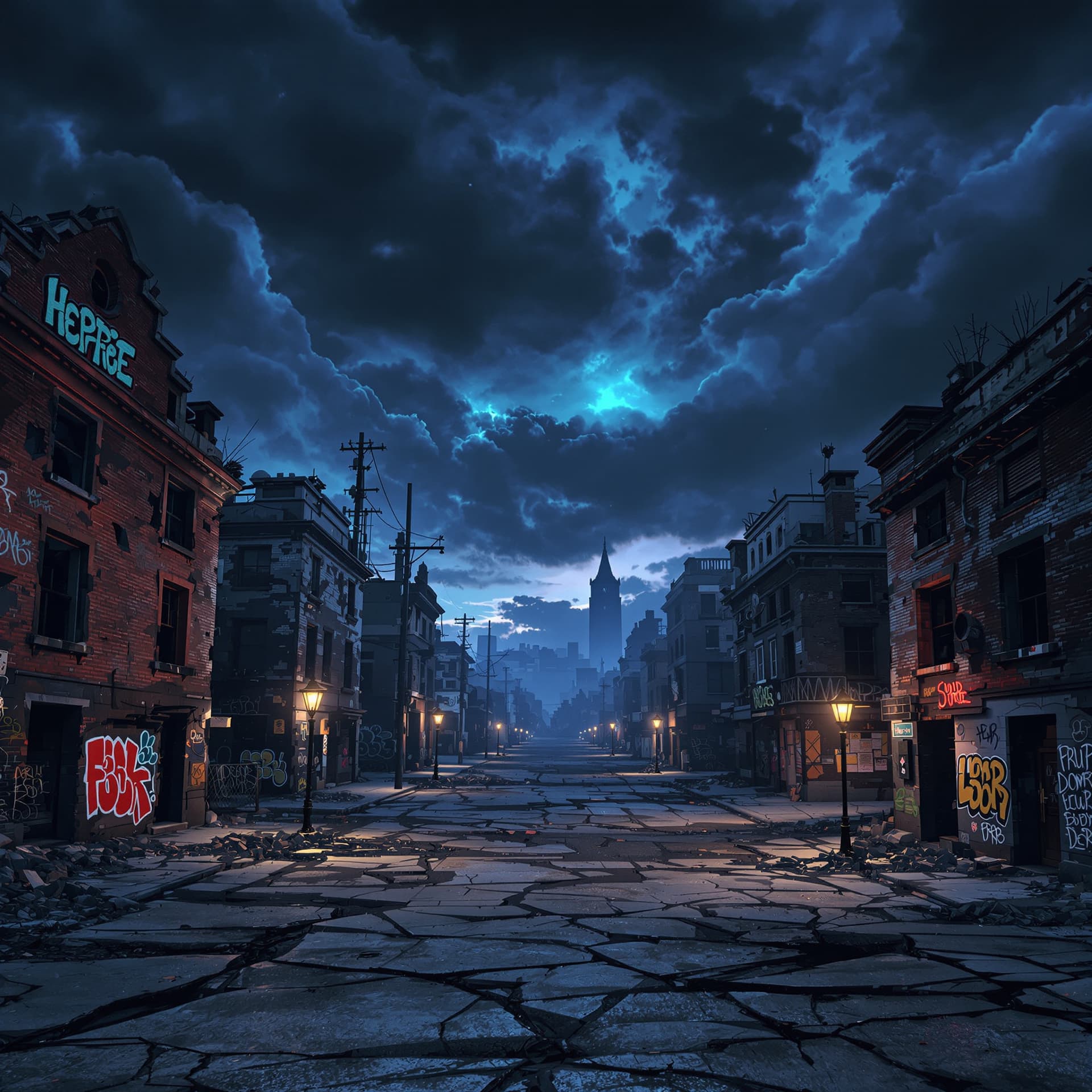 AI generated: night time sky with dark storm clouds of a 3D illustration of deserted destroyed urban ghetto buildi...