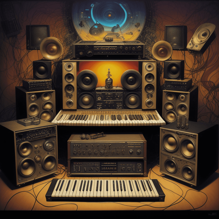 AI generated: music Album cover picture, jazz, surreal art, oil picture, radio, speaker, synthesizerm, amplifier, ...