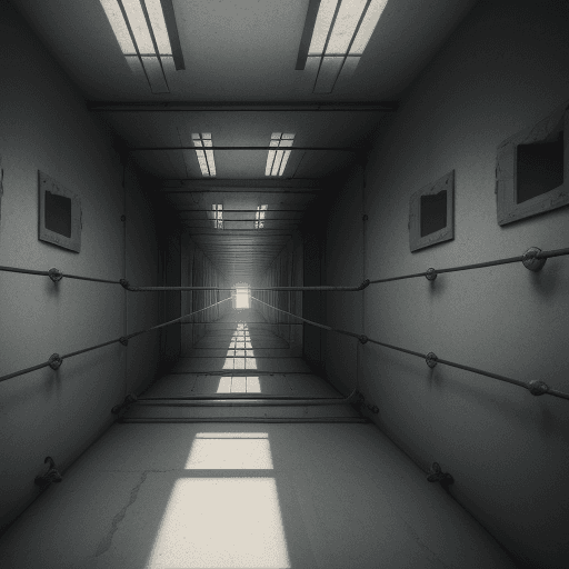AI generated:  a pov photo of interior of a prison, pessimistic, narrow space, future, iron bars, 8k hd, upscaled