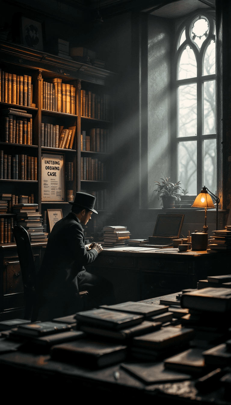 AI generated: create a background of a Victorian Police station, make it dimly lit and atmospheric, bookshelves an...