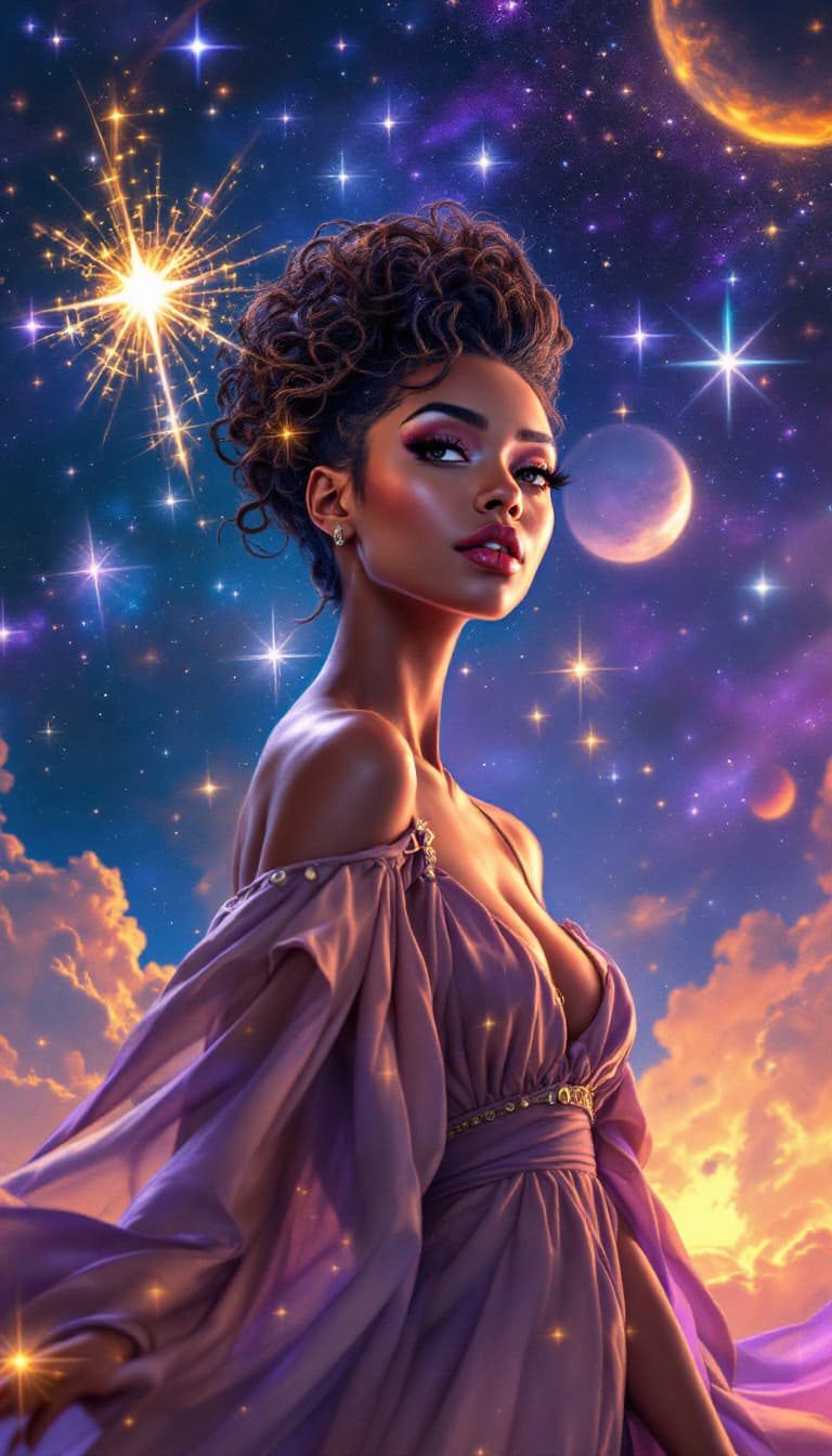 AI generated: "Radiant Dreamer in Cosmic Hues": A vibrant image depicts a stunning woman, gracefully wielding a lu...
