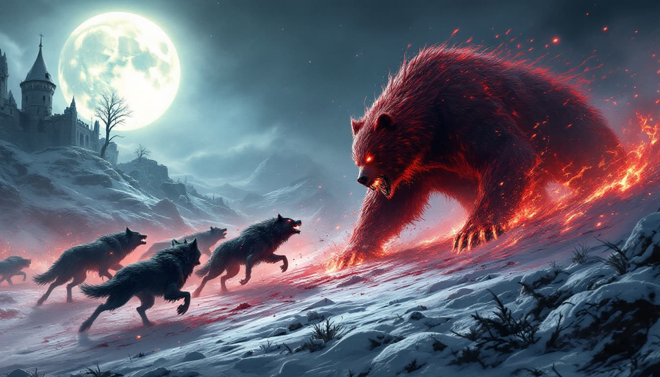 AI generated: "A fierce battle under the moonlight: a pack of glowing-eyed black wolves faces off against a gigant...