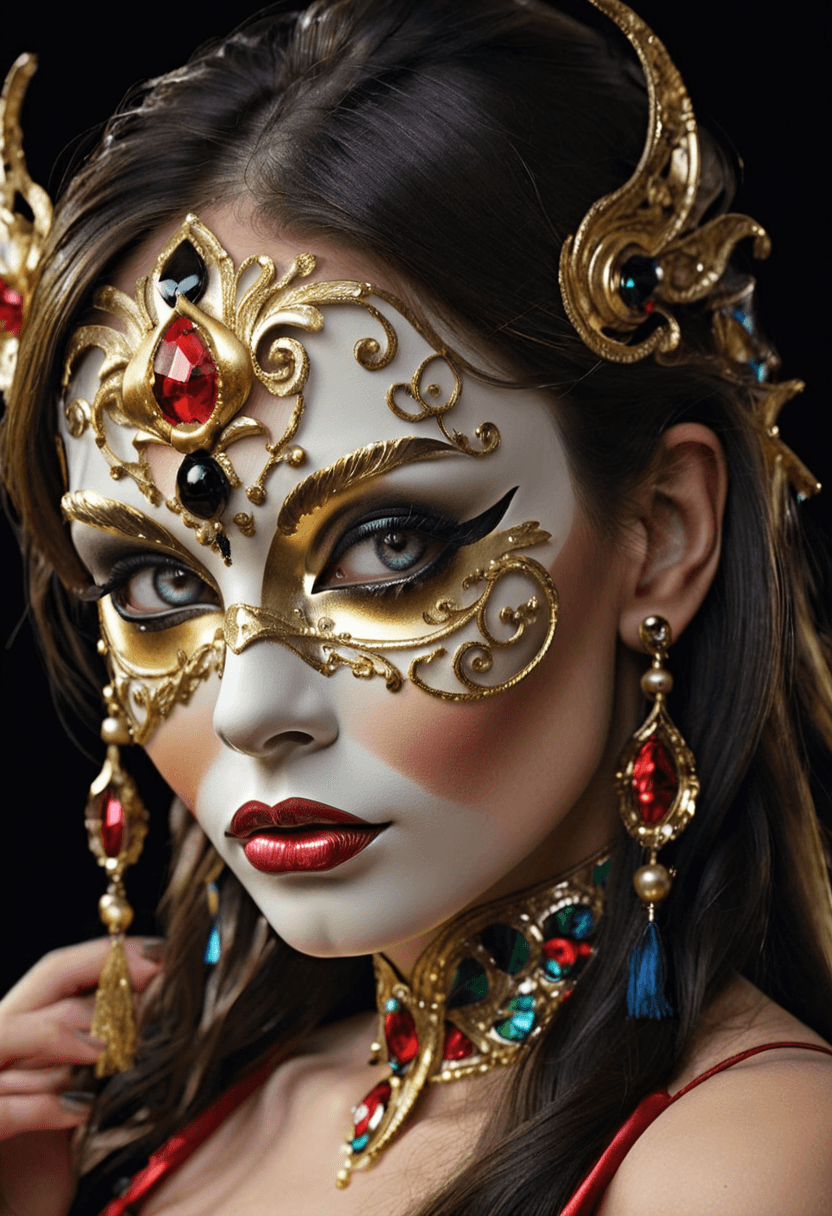 AI generated: HDR photo of black background, extreme close-up, woman wearing a highly detailed ornate carnival mas...