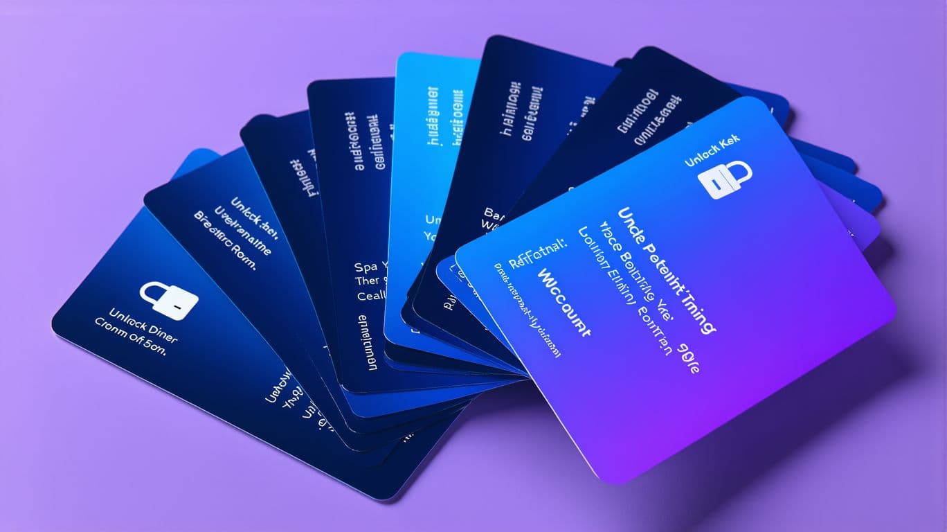 AI generated: A futuristic stack of digital key cards, neatly arranged in an horizontal fan-like layout. Each card...