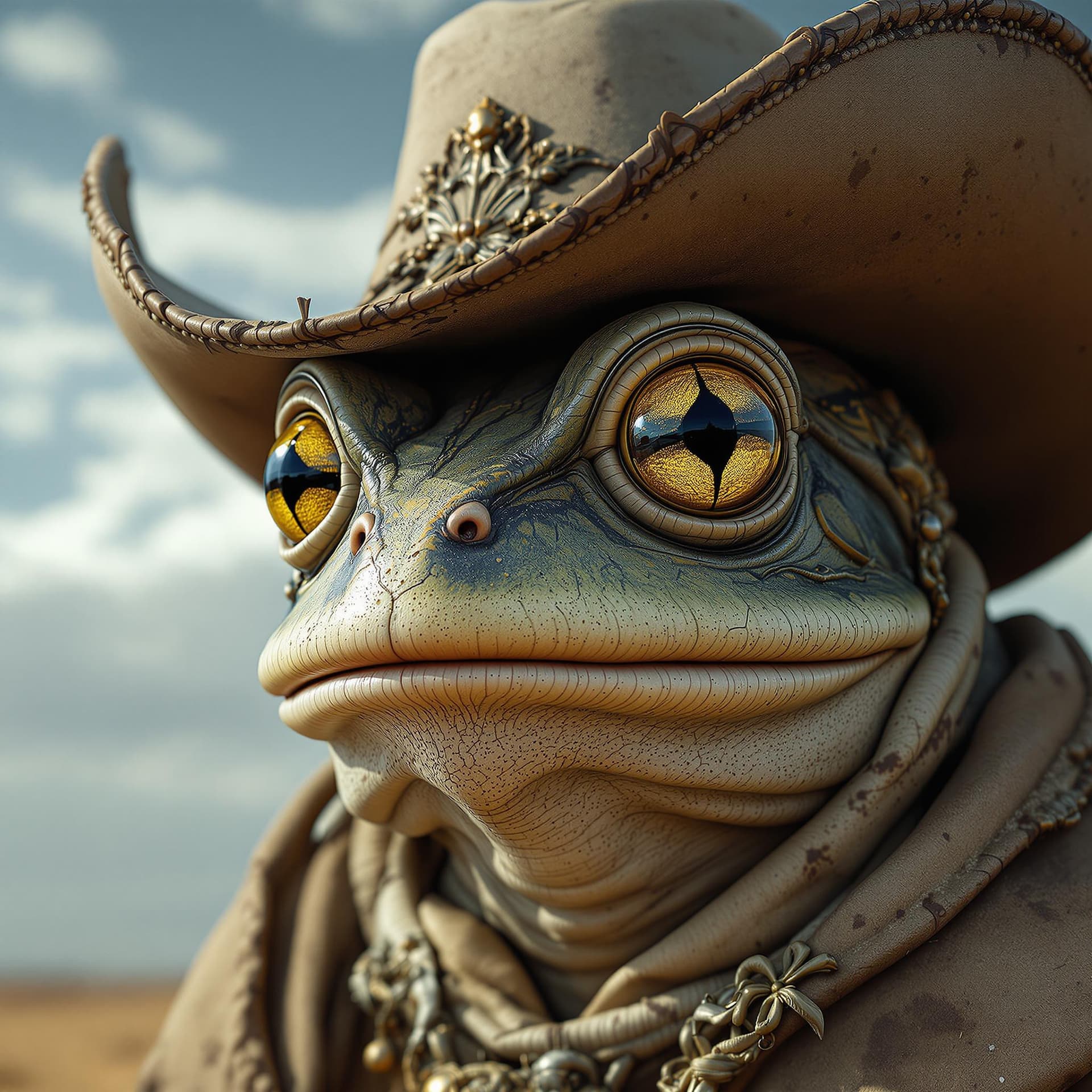 AI generated: ultra realistic photo, fantasy character portrait, male anamorphic dessert bull frog face!, hyper re...