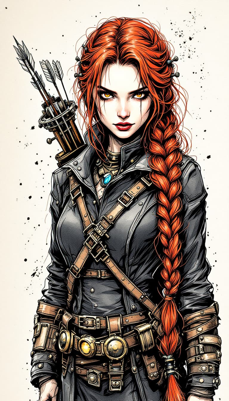 AI generated: A steampunk era ink illustration with messy lines and ink bleed. A woman with long, braided red hair...