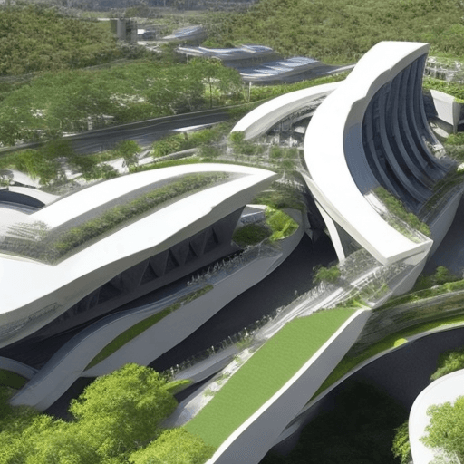 AI generated: an architectural futuristic building complex with two big buildings on either side, a bridge connect...