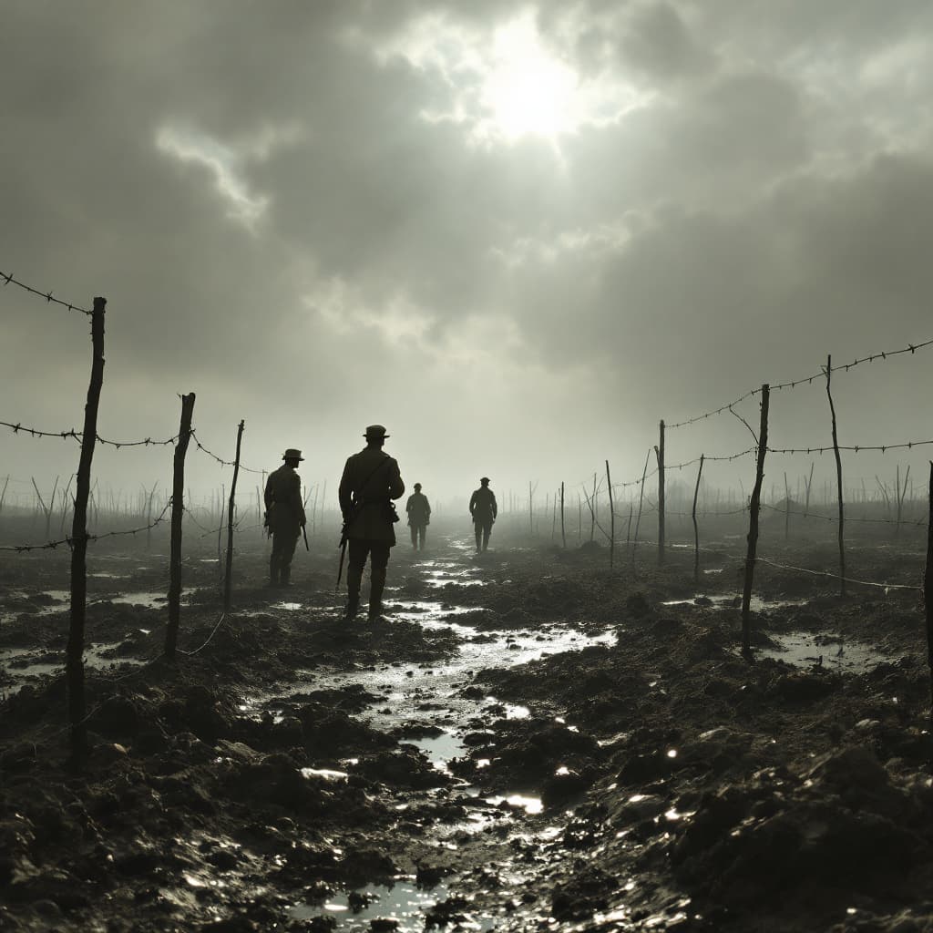 AI generated: Create a WWI no-mans land scene: a barren, war-torn landscape under a foreboding, gray cloudy sky, w...