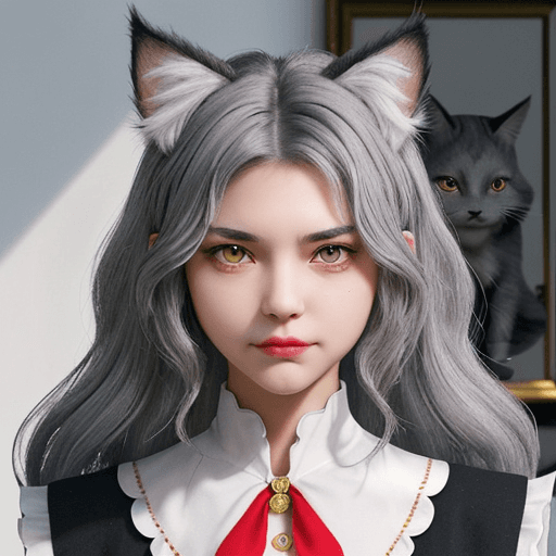 AI generated: The character has short, layered gray hair with slightly wavy tips, complemented by prominent cat ea...