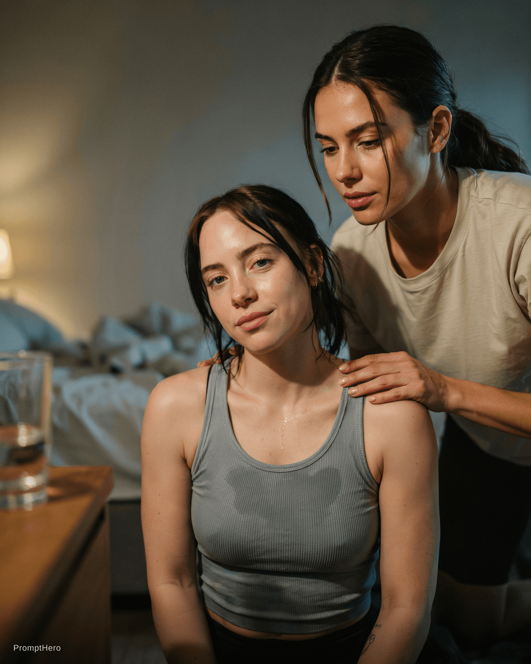 AI generated: Billie Eilish is wearing a light undershirt; she is silent in a nighttime selfie, looking sweaty wit...