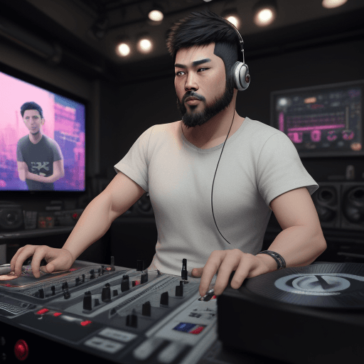 AI generated: create image asian man with his son, short hair, short beard, brown eyes, with headphones, DJ, a mus...