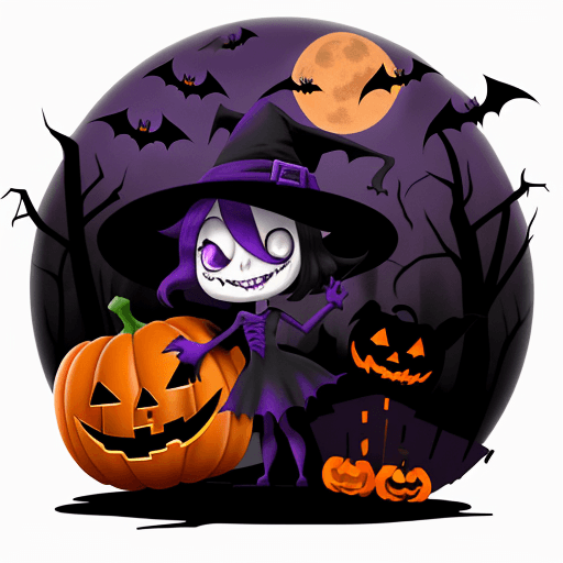 AI generated:  halloween cartoon, use, orange, purple, black and white colors