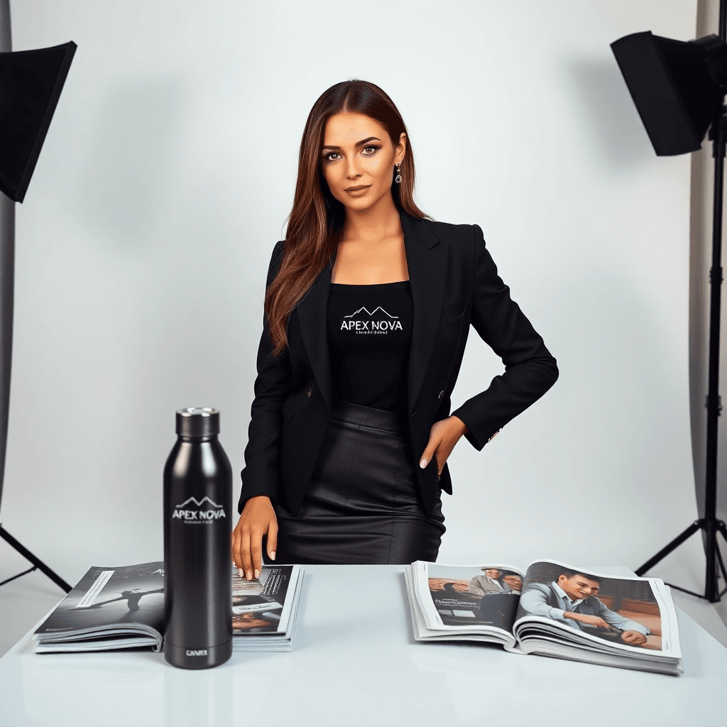 AI generated: "Create a scene of a stunning woman in a photo studio, posing with glossy magazines and a sleek bran...