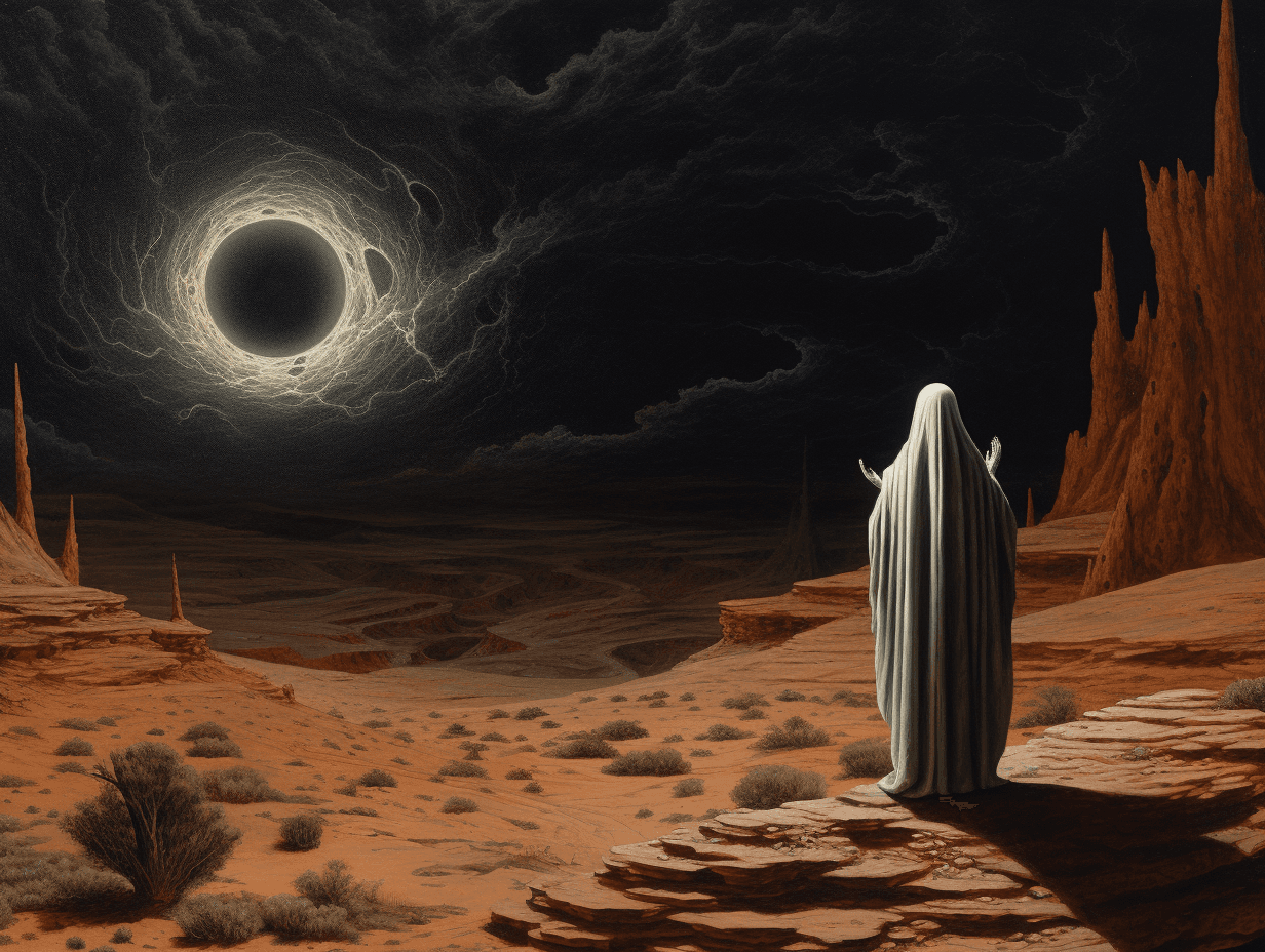 AI generated: A skeleton figure wearing white robes standing in front of an ancient black hole, in the style of Al...