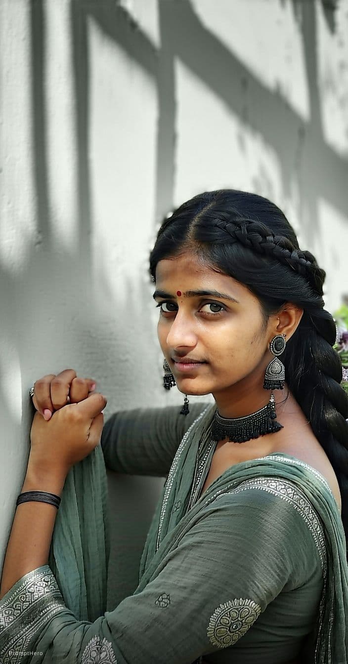 AI generated: A hyper-realistic portrait of a humble small-town Indian-Gujarati girl with a quiet, calm strength. ...