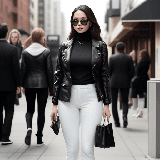 AI generated: The image features a woman wearing a black jacket and white pants, standing on a sidewalk. She is ho...