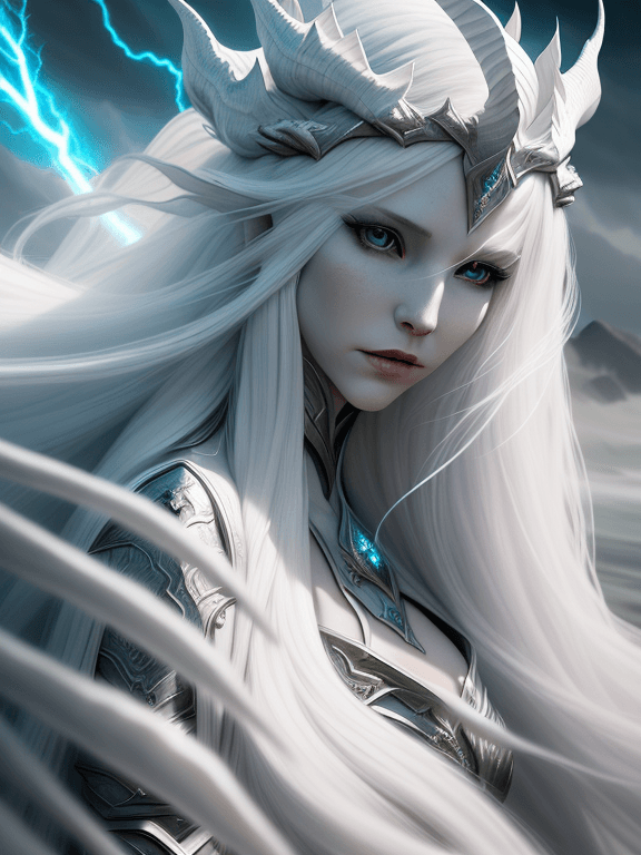 AI generated: platinum white long hair dragon queen woman | fantasy art | hair in the wind with bangs | epic fanta...