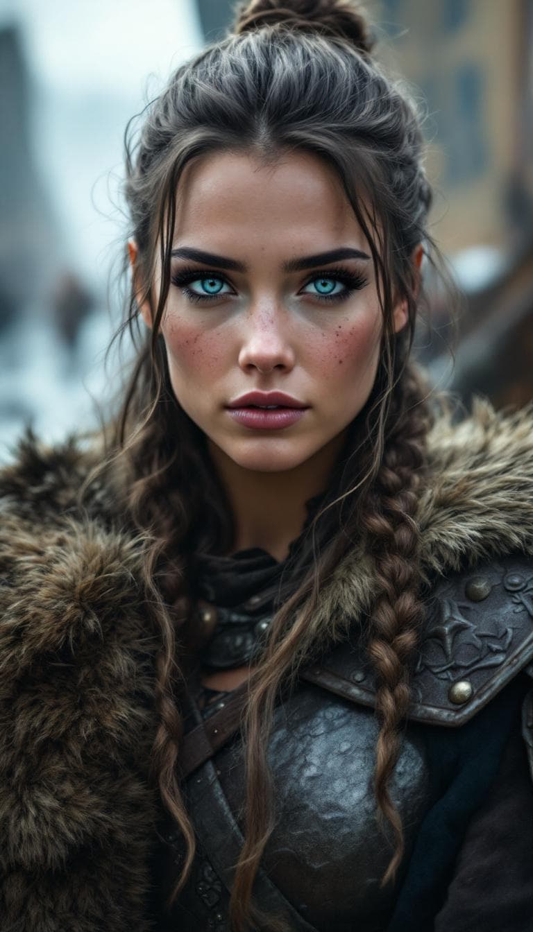 AI generated: Incredibly beautiful Norwegian with blue eyes, long eyelashes, black eyeliner, freckles. female viki...