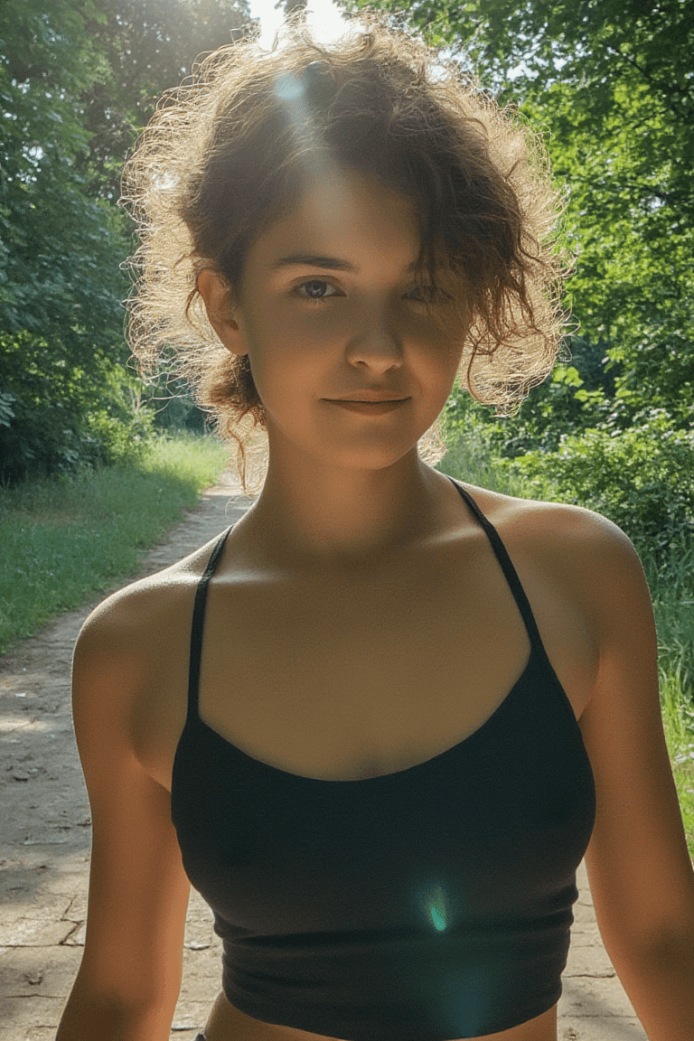 AI generated: Create a photorealistic image of a fit adult woman standing on a rural path surrounded by lush green...