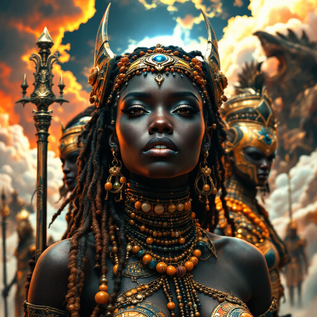 AI generated: Psychedelic, surreal,, and highly detailed, a warrior ebony model woman, full size, with other warri...