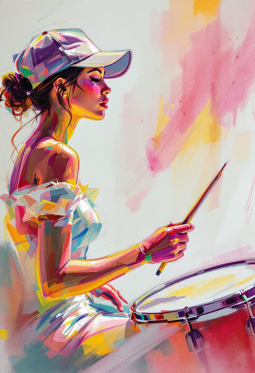 AI generated: Sketch Art, Beautiful Colored Pencil Line, Artistic Brush Strokes, Beautiful, Woman in Cap Playing D...