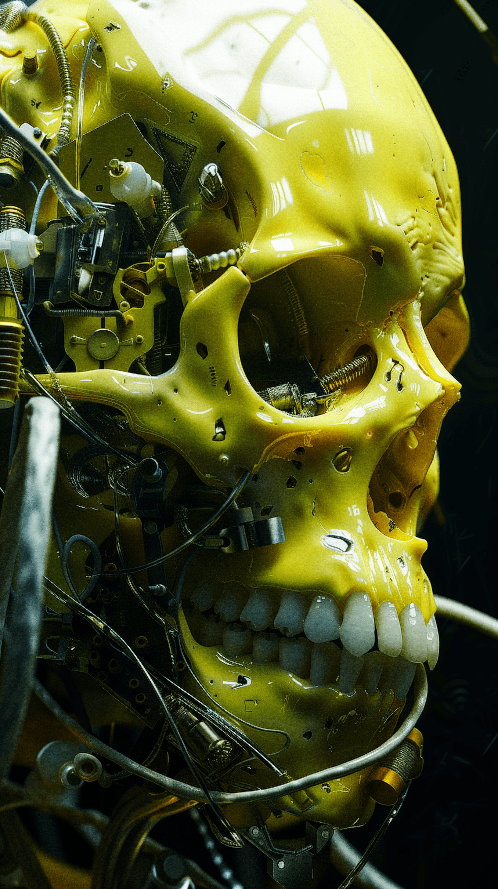 AI generated: highly detailed image of a yellow fluorescence color cybernetic skull, combining elements of both or...