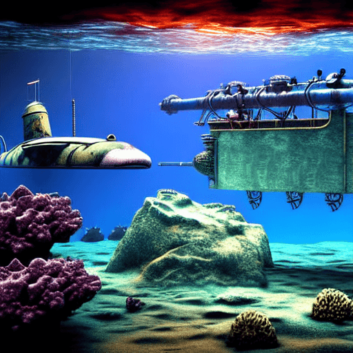 AI generated: High resolution a fractal underwater landscape with a steampunk submarine
