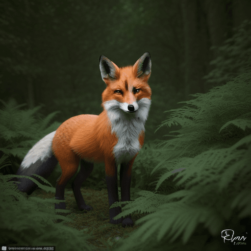 AI generated: The Royal Supreme Fox,in a cloudy dark-green forest,among bluish bushes,realistic photo,8k.
