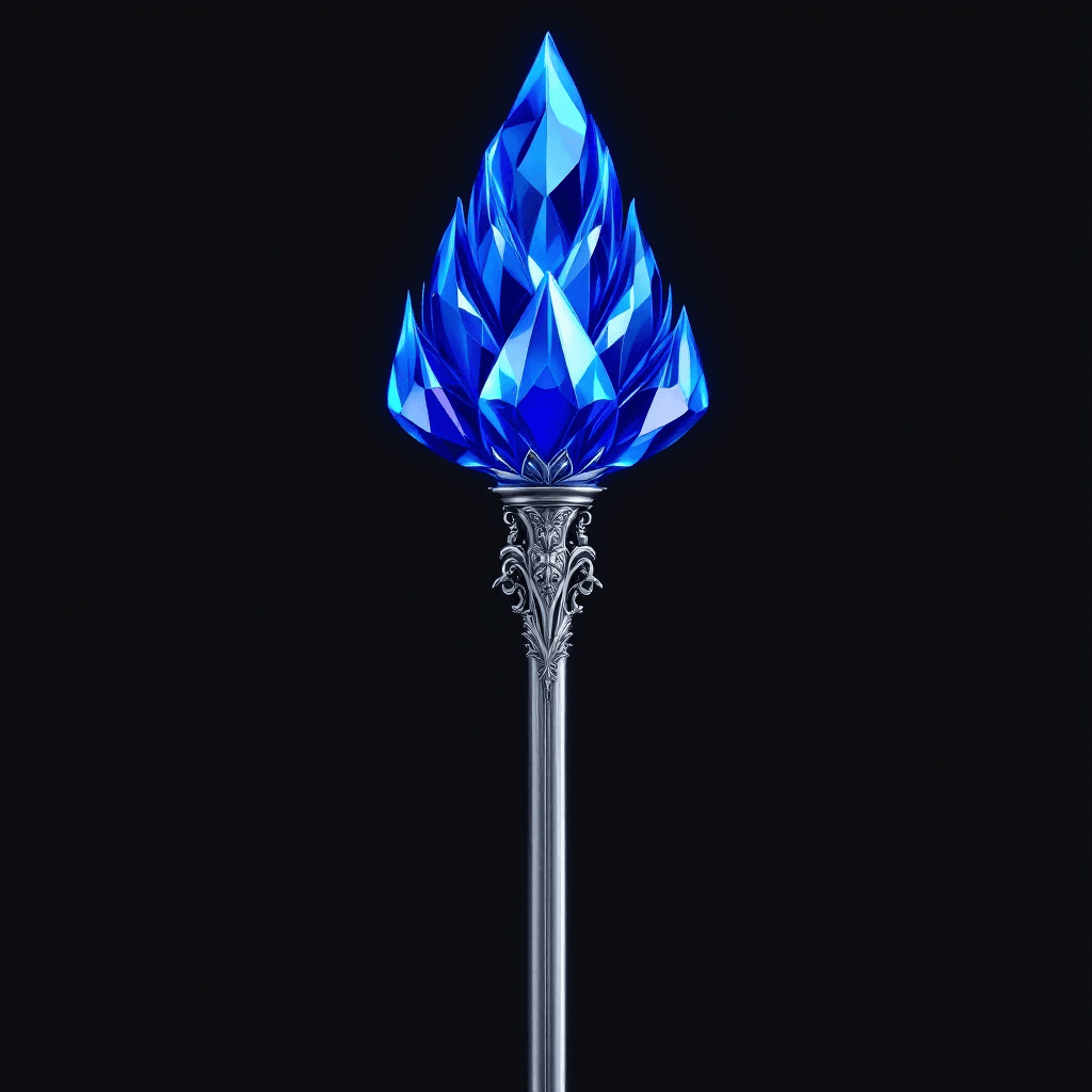 AI generated: Two foot long smooth, elegant, kingly silver scepter, without sharp metal points, rounded bottom vis...