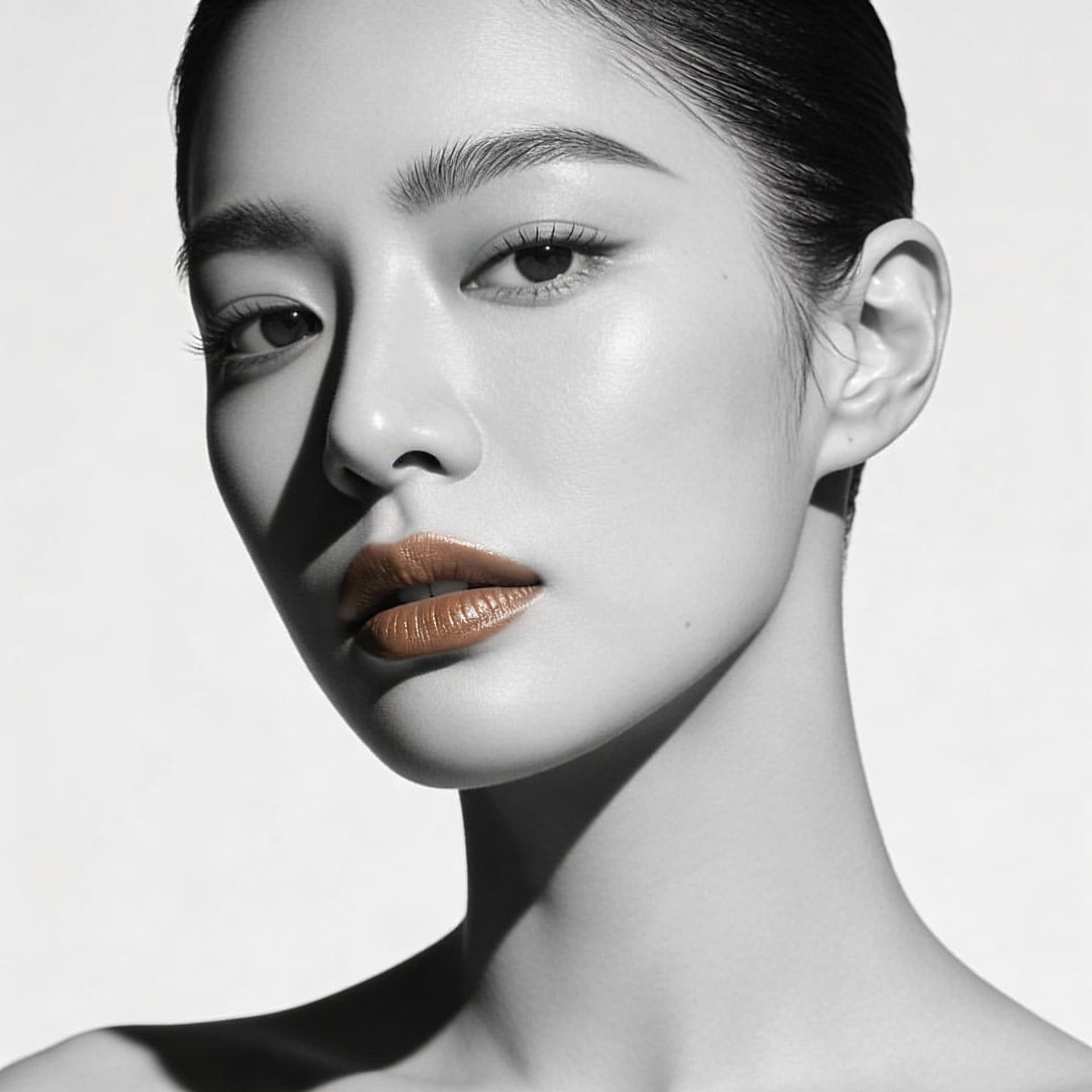 AI generated: a black and white photo of a woman with shadow., in the style of minimalist beauty, light bronze and...
