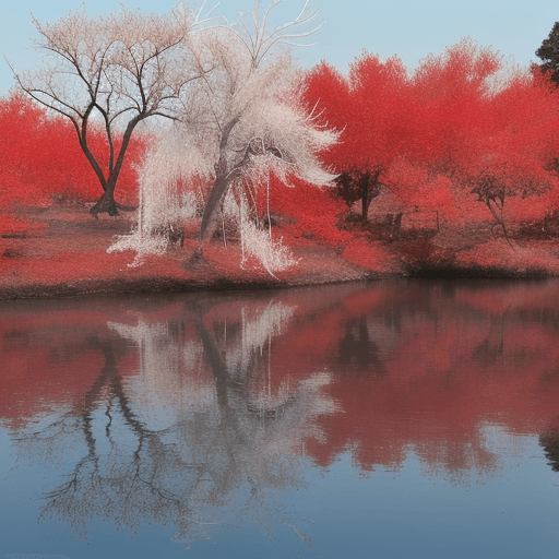 AI generated: Lake of scarlet rot. Withered trees. White Lilies across it's surface.