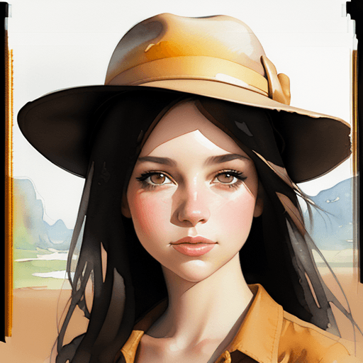 AI generated: this watercolor portrait of a girl wearing a hat, in the style of photobashing, david nordahl, micha...