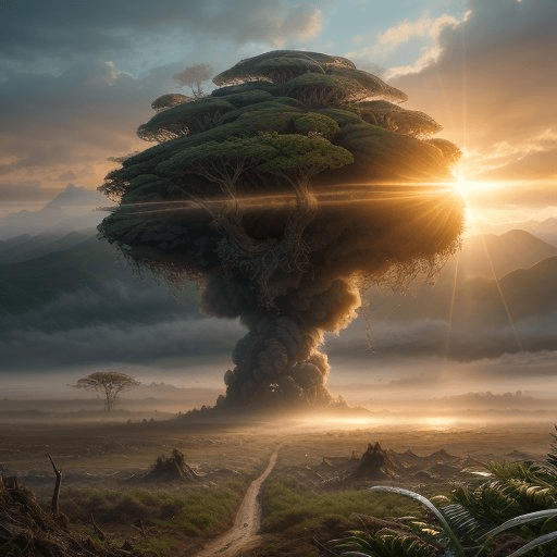 AI generated: Digital artwork, apocalyptic landscape, world end and [Rustic:Offensive:10] Congolese Seedling, vege...