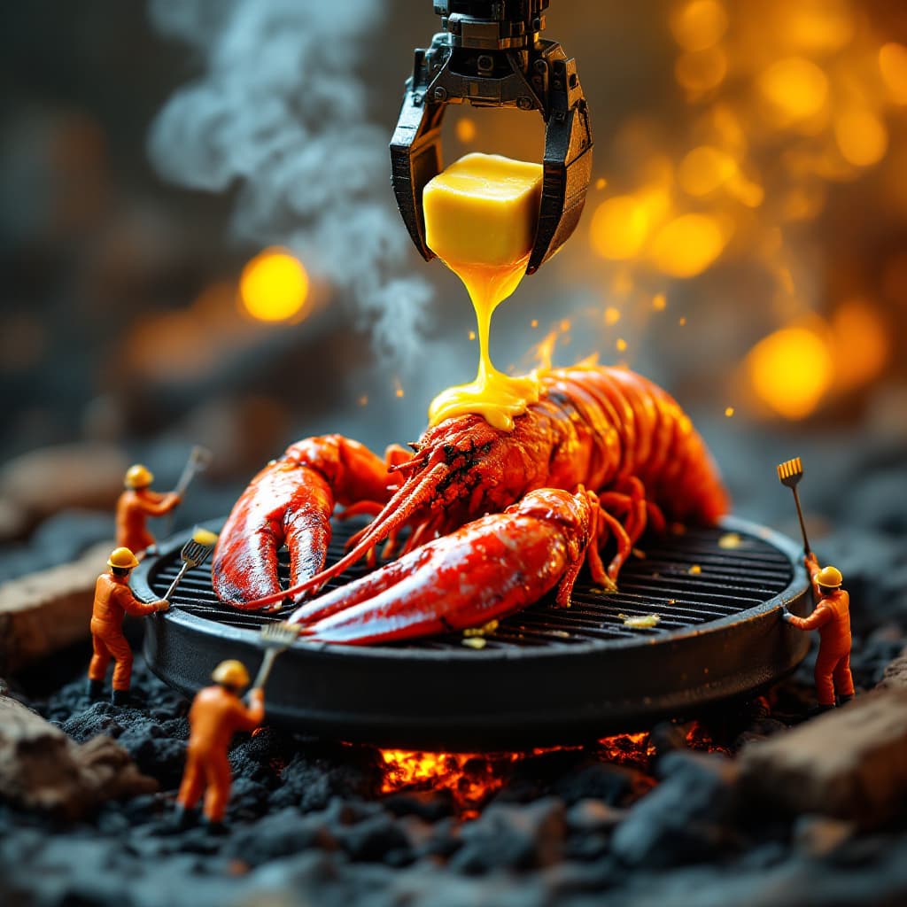 AI generated: A dramatic, ultra-detailed miniature construction scene featuring a massive, flame-seared tail lobst...