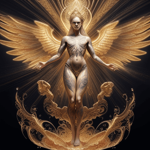 AI generated: Full-body shot, descending pose, (golden lighting, heavily tattooed angel with wings ), (majestic an...