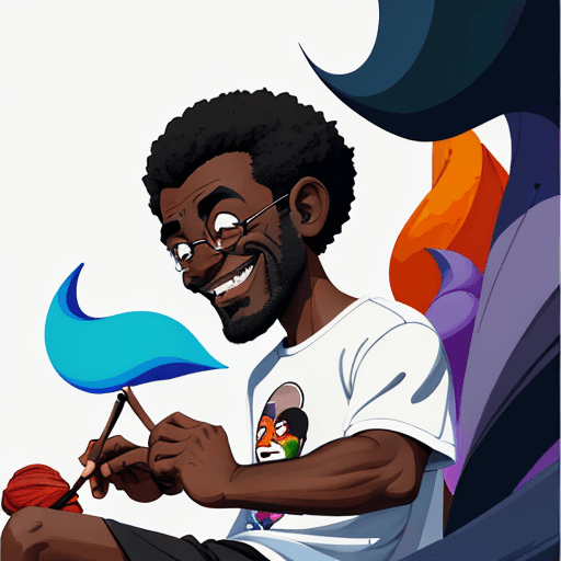 AI generated: Low angle shot at a dark skinned man looking down knitting, he has a determined yet happy expression...