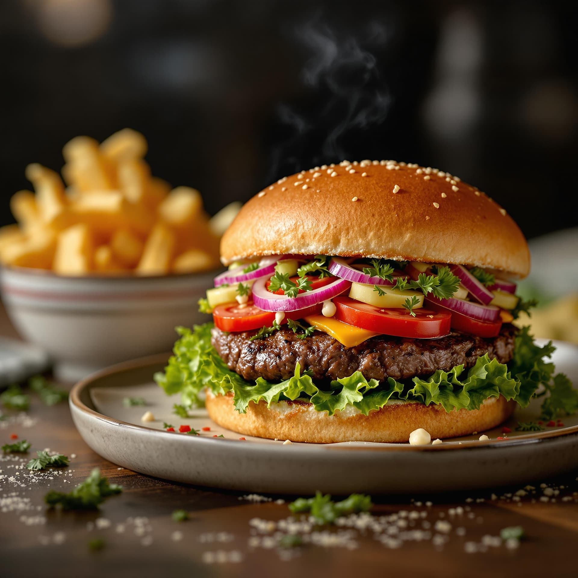 AI generated: APPROACH: Detailed Focus | CATEGORY: High-end Cuisine | MOOD: Inviting | DESCRIPTION: Fresh beef bur...