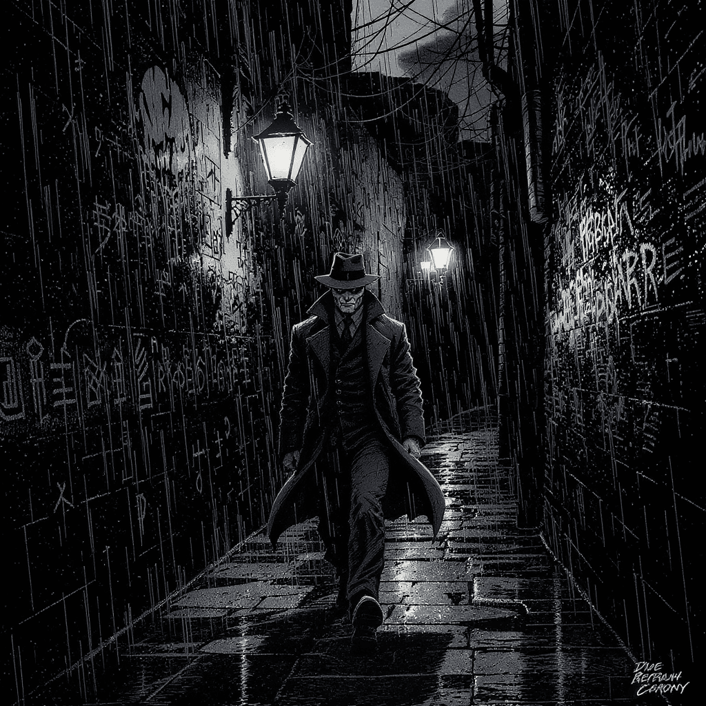 AI generated: A Halloween concept drawn as a classic comic by Mike Mignola, a lone figure in a trench coat and fed...