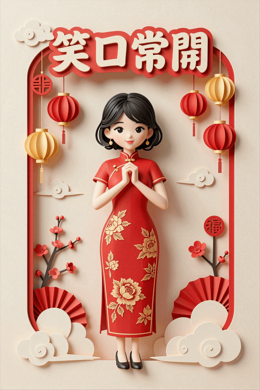 AI generated: A highly detailed 3D paper-cut illustration of a charming young East Asian woman in a traditional ch...