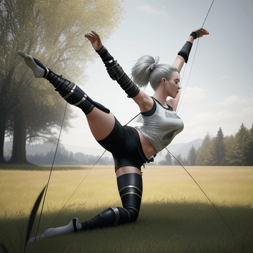 AI generated: A Beautiful Athletic woman using her feet to aim with a bow, a ((foot archer) ) highly detailed, 8k ...