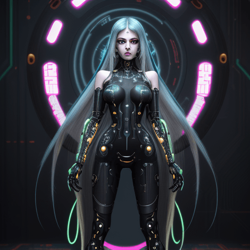 AI generated: cyberpunk style, a beauty cyborg mechanical fibre girl wearing snake dress with long hair, her eyes ...
