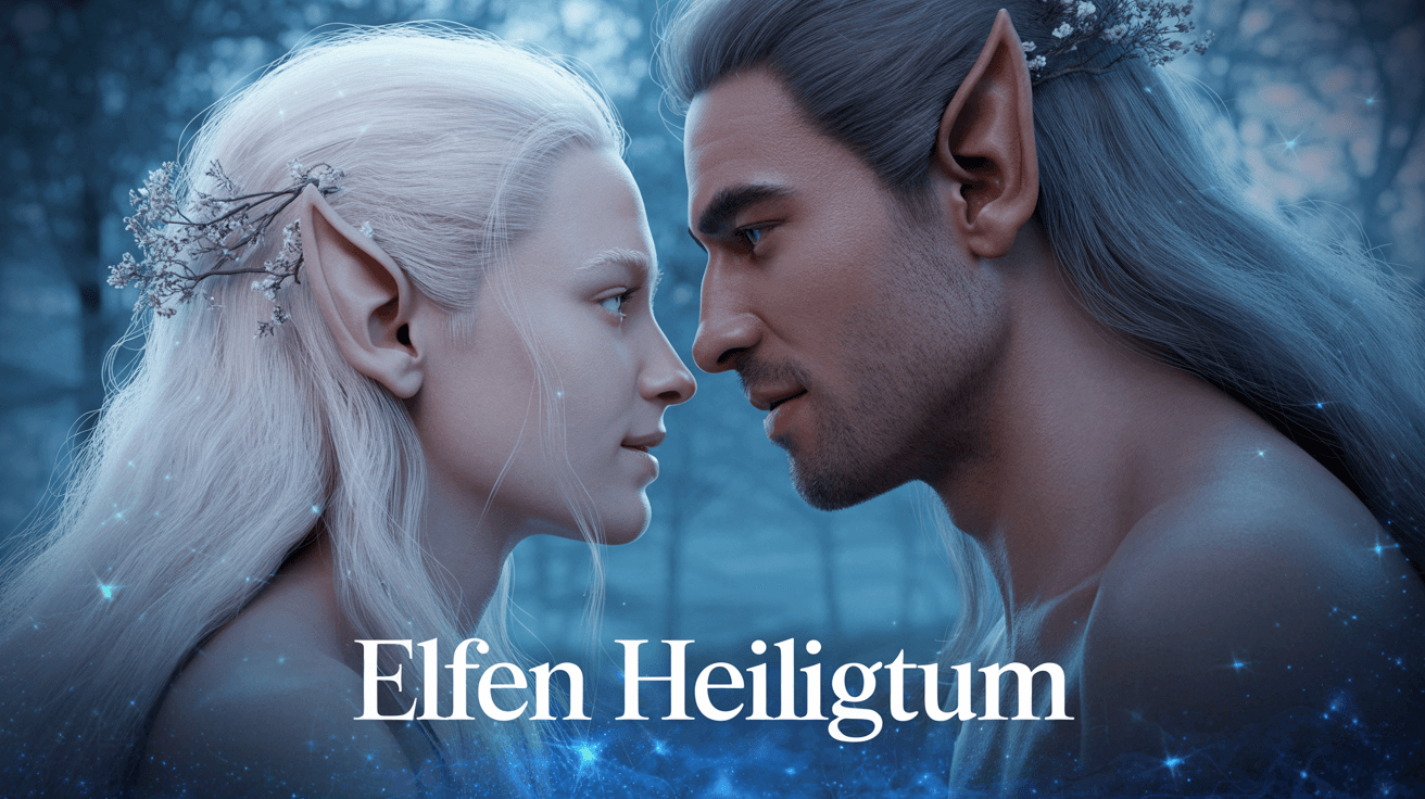 AI generated: A fantasy-themed digital artwork featuring two elf-like figures in an intimate moment against a  blu...