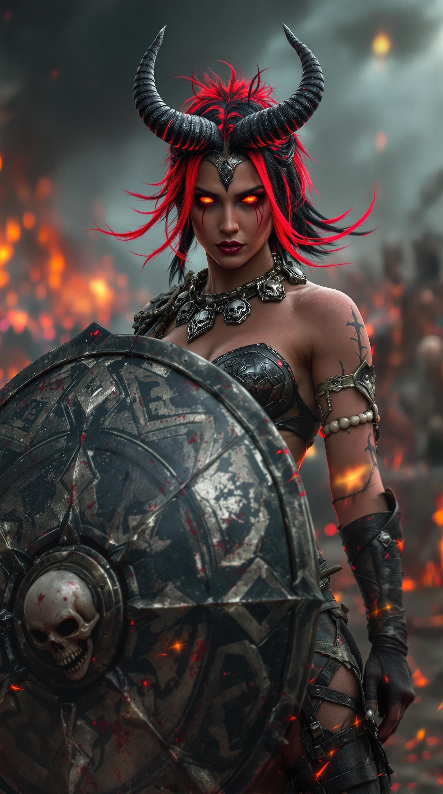 AI generated: a 64K Glossy Photorealistic image of The beautiful, Attractive, Sexxy Demonic Shield Maiden: and she...