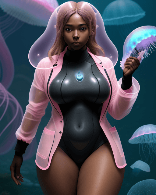 AI generated: dark skin, jellyfish, female adult, pink, thick thighs, black tech suit, lab coat