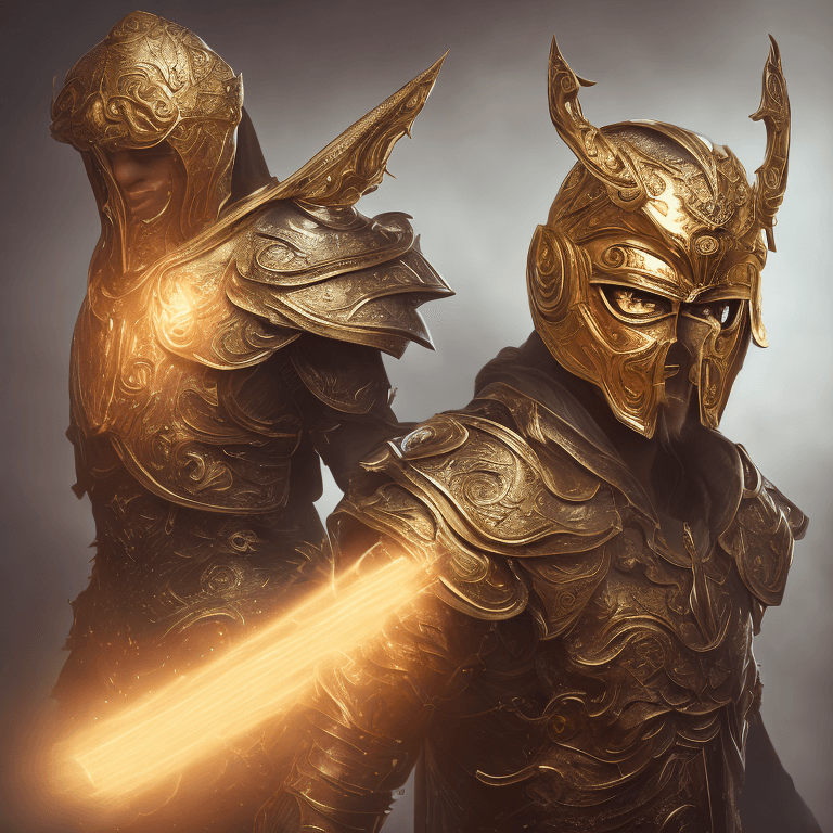 AI generated: Hero with a golden mask, facelees mask, asymmetrical spiked armor, highly detailed, glowing halo abo...