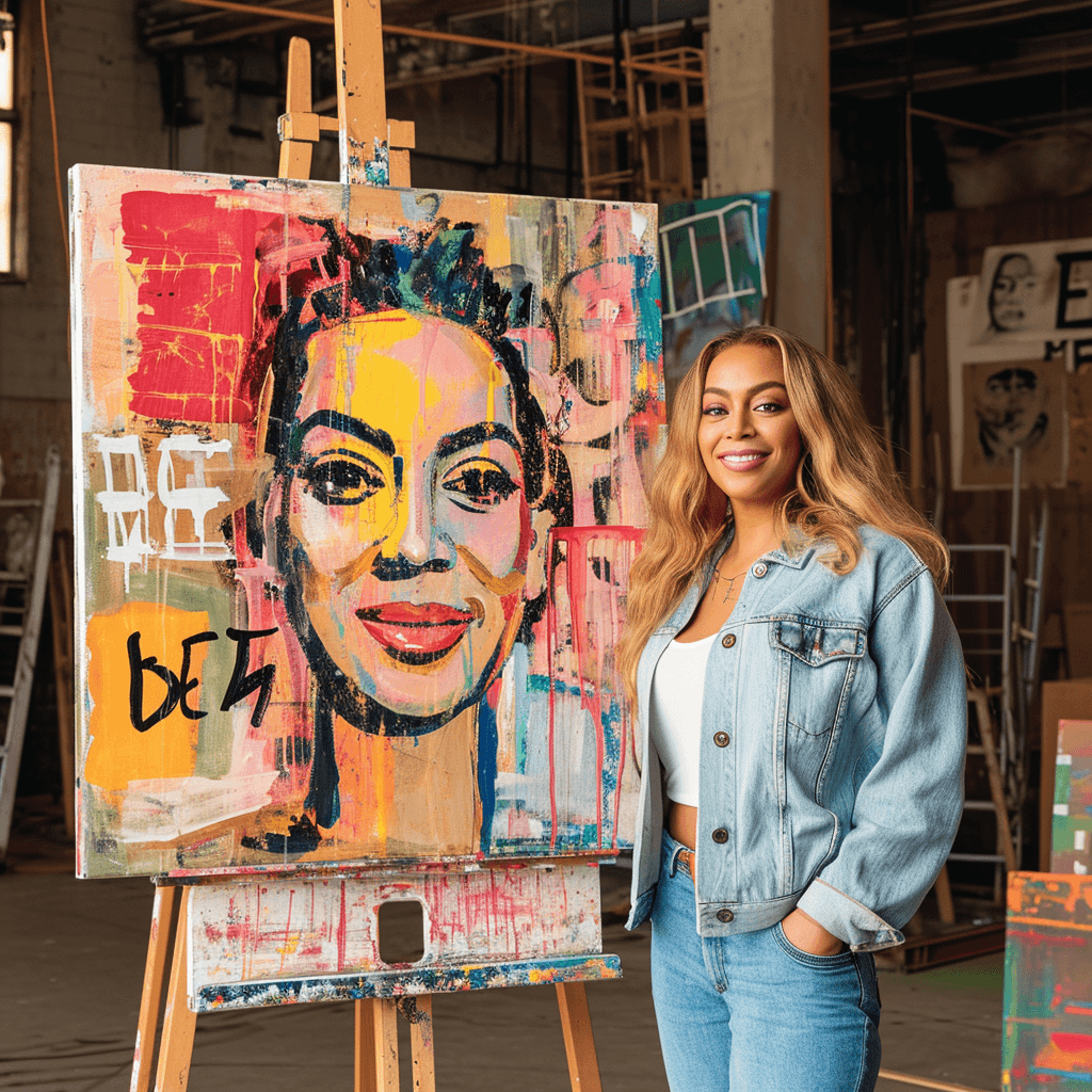 AI generated: Realistic photo of Beyonce standing to the side of a portrait of Beyonce on an easel depicted by Pab...