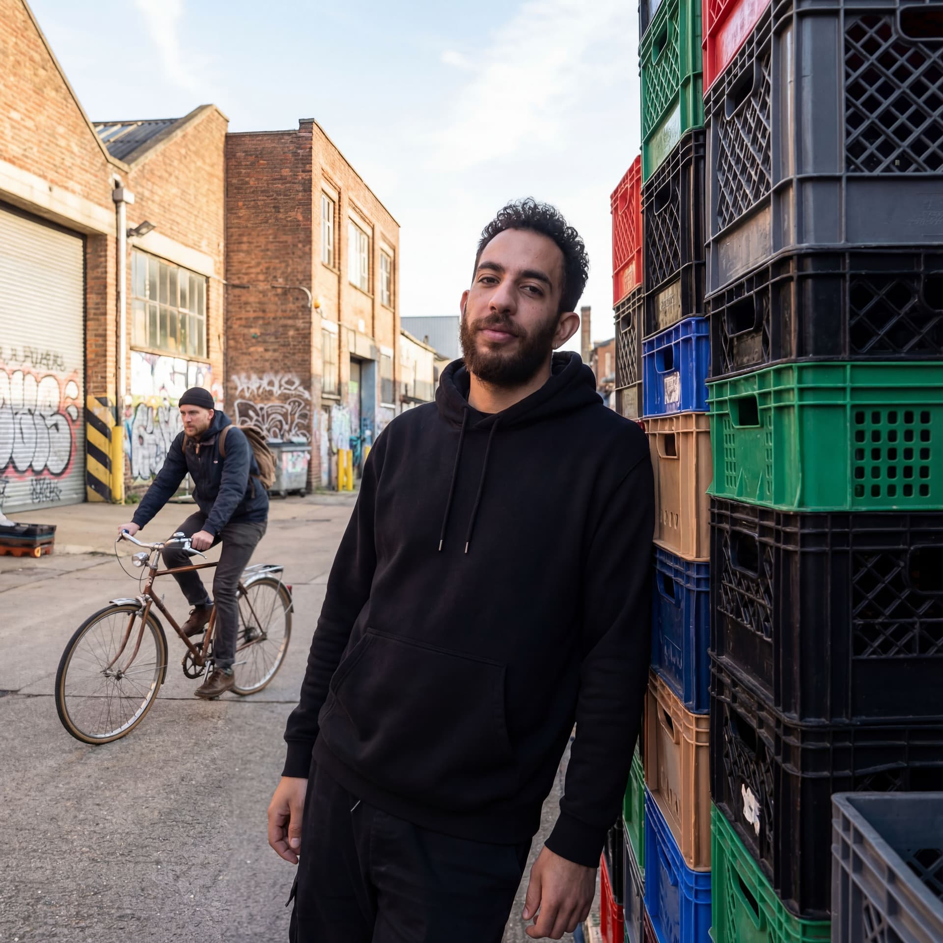 AI generated: contemporary street scene, professional man model with a colorful backdrop of stacked crate, street ...